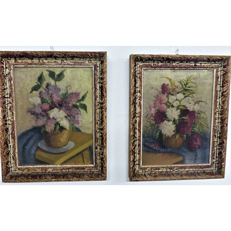 2 pastellfarbene Blumenbilder 1943 signiert